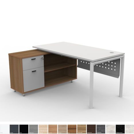 Officeintrend โต๊ะทำงาน L-Shape ขาขาว New Viro พร้อมตู้ Caddy Cabinet สีคาปูชิโน่
