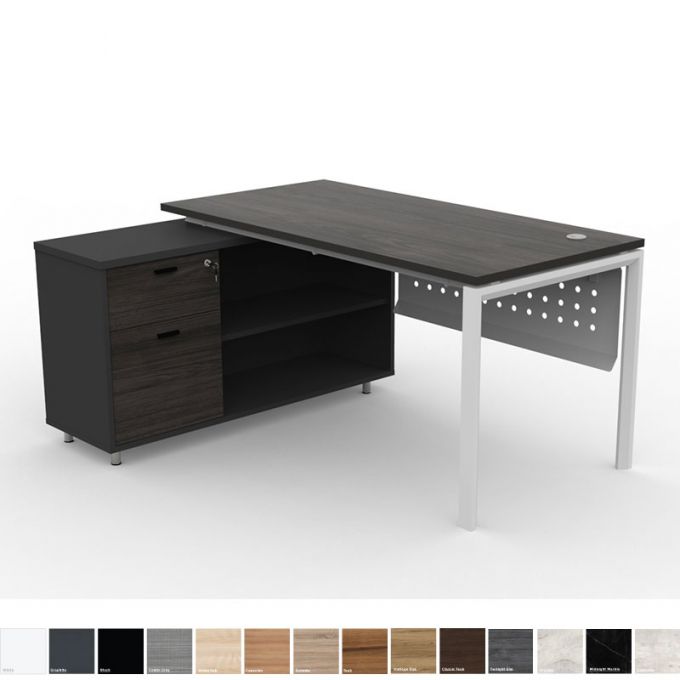 Officeintrend โต๊ะทำงาน L-Shape ขาขาว New Viro พร้อมตู้ Caddy Cabinet สีกราไฟท์