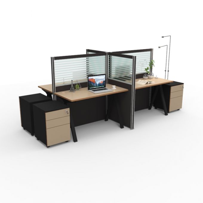 โต๊ะทำงานOfficeintrend 4ที่นั่ง พร้อมพาทิชั่นกระจกฝ้าและตู้mobile รุ่น4-VT-12060 ขา-Volt series metal leg 